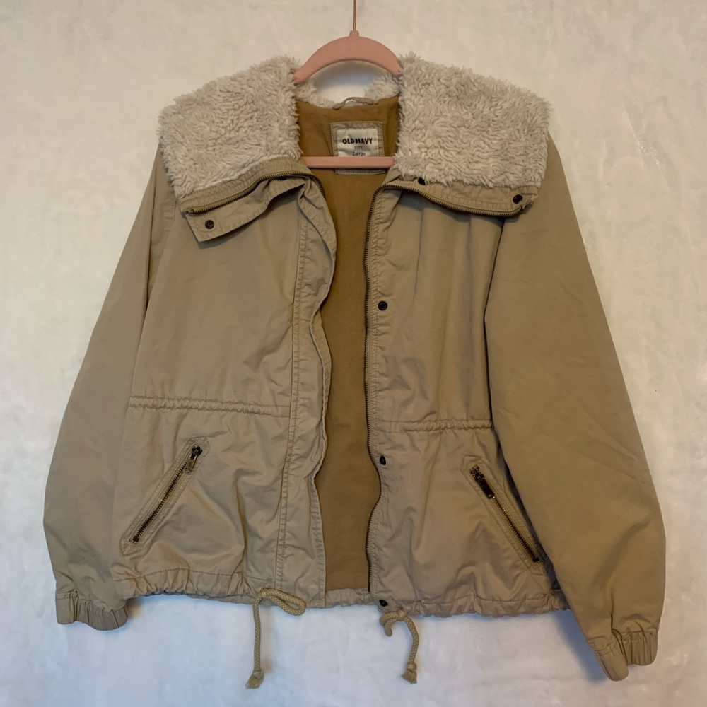 Old Navy Khaki Jacket, with Faux Fur, Size L